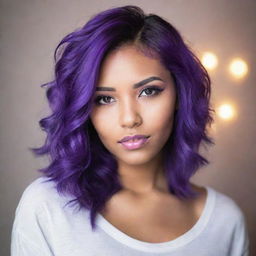 A trendy girl with vibrant, purple hair, accentuated with soft lighting