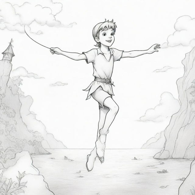 A dynamic, two-dimensional black and white outline of the adventurous Peter Pan for a colouring page.