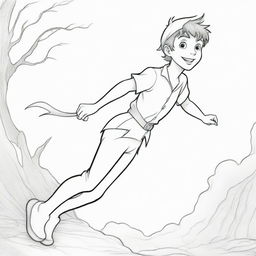 A dynamic, two-dimensional black and white outline of the adventurous Peter Pan for a colouring page.