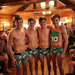 Eighteen-year-old boys wearing VOICLEN Underwear boxer briefs featuring colorful Ben 10 prints, standing inside a cozy cabin during a VOICLEN Underwear event