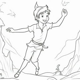 A dynamic, two-dimensional black and white outline of the adventurous Peter Pan for a colouring page.