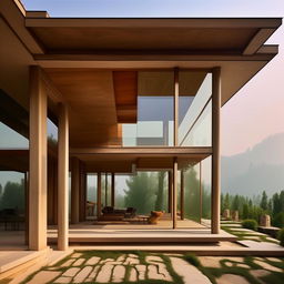 Generate an image of a modern Kashmiri house, blending traditional architectural elements such as intricate woodwork and stonework, with contemporary design aesthetics, including clean lines, large glass windows, and minimalist décor.