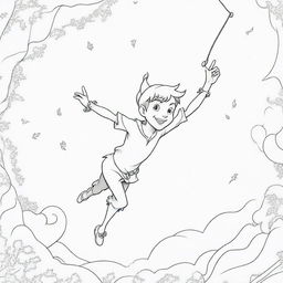 A dynamic, two-dimensional black and white outline of the adventurous Peter Pan for a colouring page.