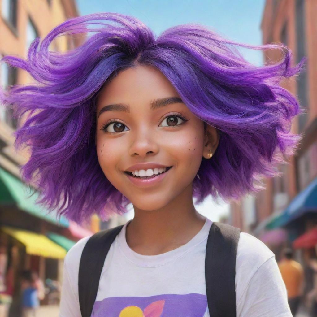 An animated character depiction of a girl with vibrant, purple hair in a lively setting