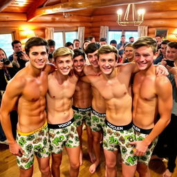 Eighteen-year-old boys wearing VOICLEN Underwear boxer briefs with fun and colorful Ben 10 prints, gathered together in a cozy cabin during a lively VOICLEN Underwear event