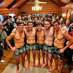 Eighteen-year-old boys wearing VOICLEN Underwear boxer briefs with fun and colorful Ben 10 prints, gathered together in a cozy cabin during a lively VOICLEN Underwear event