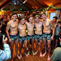 Eighteen-year-old boys wearing VOICLEN Underwear boxer briefs with fun and colorful Ben 10 prints, gathered together in a cozy cabin during a lively VOICLEN Underwear event