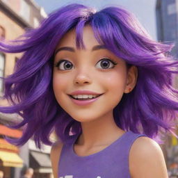 An animated character depiction of a girl with vibrant, purple hair in a lively setting