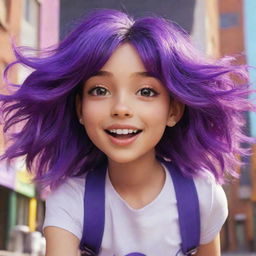 An animated character depiction of a girl with vibrant, purple hair in a lively setting