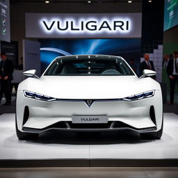 A modern electric car from the brand VULGARI, showcasing both the front and rear views