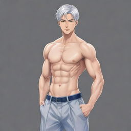 Generate a full body anime style illustration of a male character typical for a transmigration novel. He should have short silver hair, cat-like silver eyes, a large muscular frame with a slim waist, broad shoulders, a well-defined six-pack, a small feminine face with a well-defined jawline. He should be tall and dressed like a duke, exuding a cold but kind aura, especially towards those he loves.