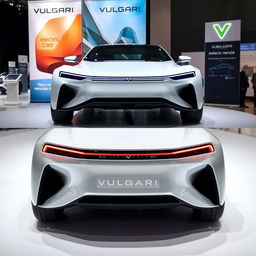 A modern electric car from the brand VULGARI, showcasing both the front and rear views