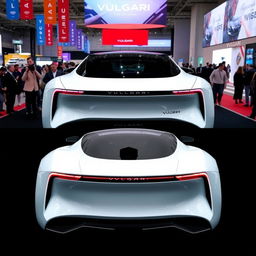A futuristic 2024 electric car from the brand VULGARI, depicted from both the front and rear views