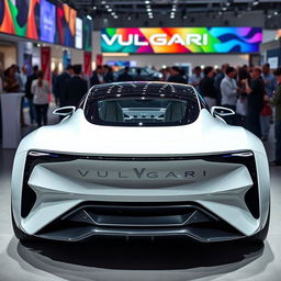 A futuristic 2024 electric car from the brand VULGARI, depicted from both the front and rear views