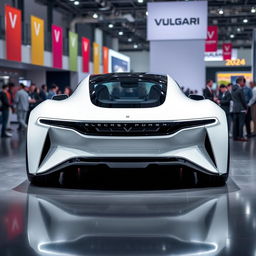 A futuristic 2024 electric car from the brand VULGARI, depicted from both the front and rear views