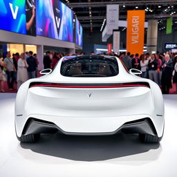 A futuristic 2024 electric car from the brand VULGARI, depicted from both the front and rear views