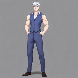 Generate a full body anime style illustration of a male character typical for a transmigration novel. He should have short silver hair, cat-like silver eyes, a large muscular frame with a slim waist, broad shoulders, a well-defined six-pack, a small feminine face with a well-defined jawline. He should be tall and dressed like a duke, exuding a cold but kind aura, especially towards those he loves.