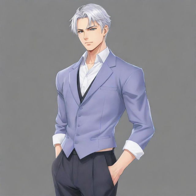 Generate a full body anime style illustration of a male character typical for a transmigration novel. He should have short silver hair, cat-like silver eyes, a large muscular frame with a slim waist, broad shoulders, a well-defined six-pack, a small feminine face with a well-defined jawline. He should be tall and dressed like a duke, exuding a cold but kind aura, especially towards those he loves.