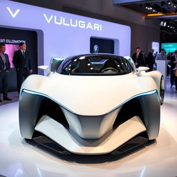 A futuristic electric car from the brand VULGARI, showcasing a front and rear view, featured prominently at a corporate event