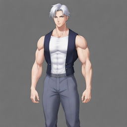 Generate a full body anime style illustration of a male character typical for a transmigration novel. He should have short silver hair, cat-like silver eyes, a large muscular frame with a slim waist, broad shoulders, a well-defined six-pack, a small feminine face with a well-defined jawline. He should be tall and dressed like a duke, exuding a cold but kind aura, especially towards those he loves.