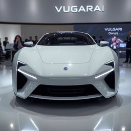 A futuristic electric car from the brand VULGARI, showcasing a front and rear view, featured prominently at a corporate event