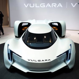 A futuristic electric car from the brand VULGARI, showcasing a front and rear view, featured prominently at a corporate event