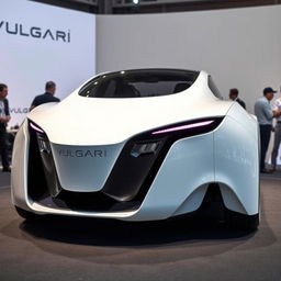 A futuristic electric car from the brand VULGARI, showcasing a front and rear view, featured prominently at a corporate event