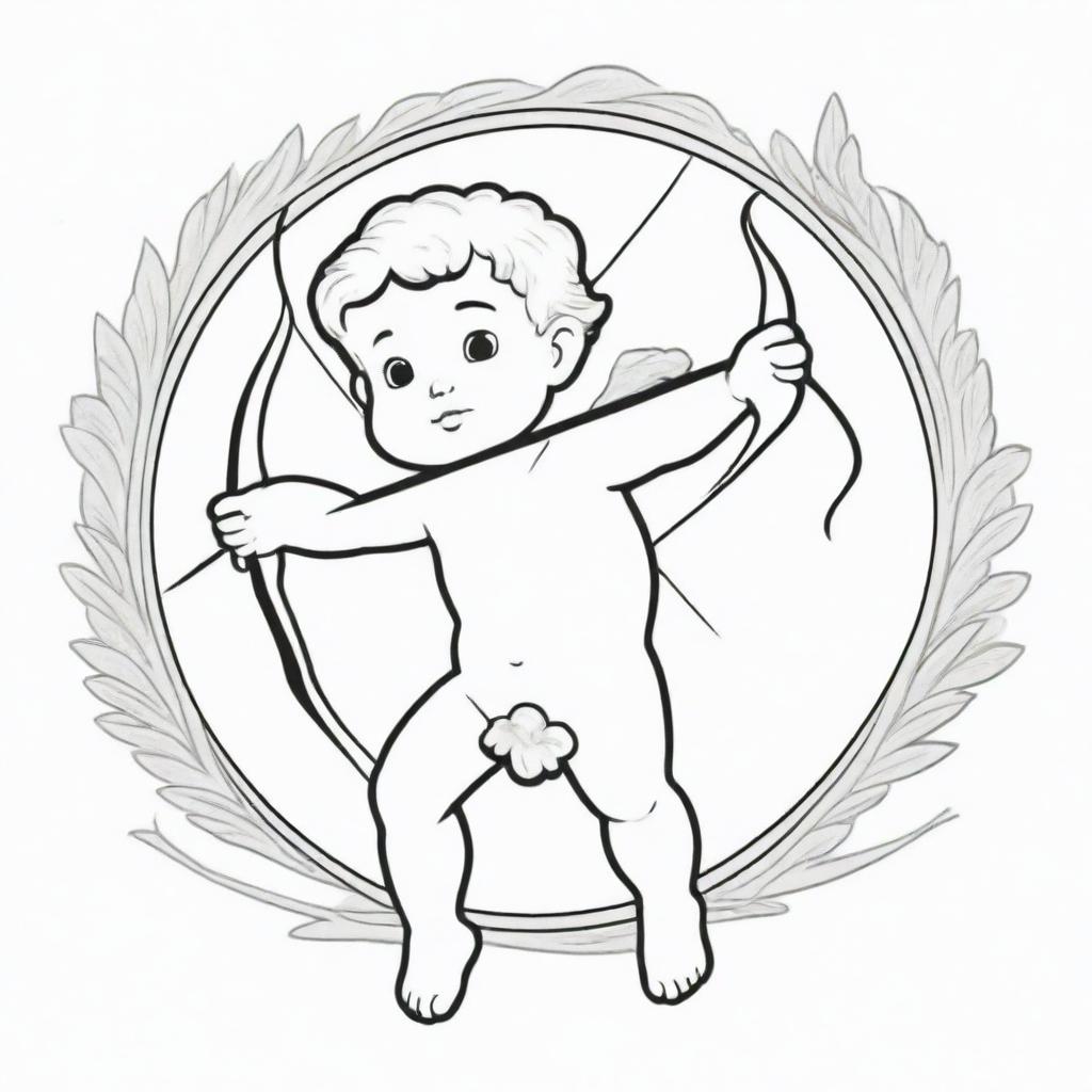 A romantic, two-dimensional black and white outline of Cupid, the god of love, with his bow and arrows for a colouring page.