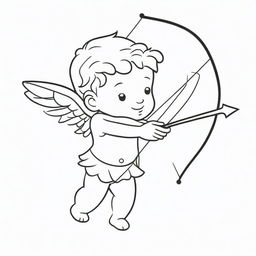 A romantic, two-dimensional black and white outline of Cupid, the god of love, with his bow and arrows for a colouring page.