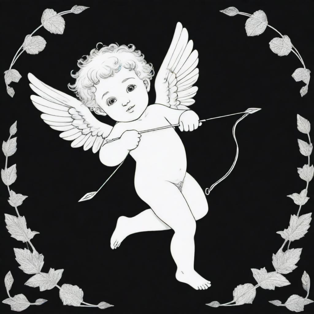 A romantic, two-dimensional black and white outline of Cupid, the god of love, with his bow and arrows for a colouring page.