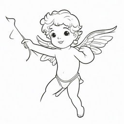 A romantic, two-dimensional black and white outline of Cupid, the god of love, with his bow and arrows for a colouring page.