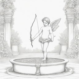 A romantic, two-dimensional black and white outline of Cupid standing in a fountain, bow and arrows in hand, for a colouring page.