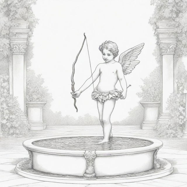 A romantic, two-dimensional black and white outline of Cupid standing in a fountain, bow and arrows in hand, for a colouring page.