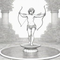 A romantic, two-dimensional black and white outline of Cupid standing in a fountain, bow and arrows in hand, for a colouring page.