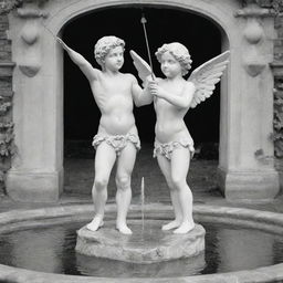 A romantic, two-dimensional black and white outline of Cupid standing in a fountain, bow and arrows in hand, for a colouring page.