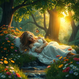 A serene and peaceful scene of a young woman sleeping in a lush, vibrant forest, surrounded by colorful wildflowers and soft rain falling gently around her