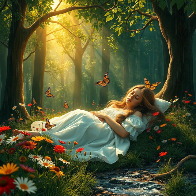 A serene and peaceful scene of a young woman sleeping in a lush, vibrant forest, surrounded by colorful wildflowers and soft rain falling gently around her