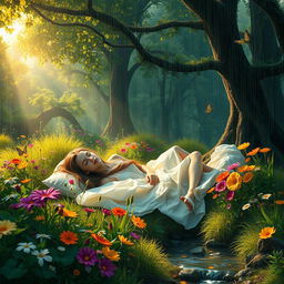 A serene and peaceful scene of a young woman sleeping in a lush, vibrant forest, surrounded by colorful wildflowers and soft rain falling gently around her
