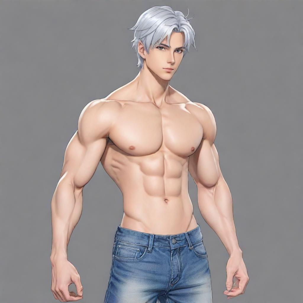 Create a 2D, full-body anime-style drawing of a male lead character from a transmigration novel. Sketch a tall, muscular figure with a slim waist, broad shoulders, six-pack abs, and a small feminine face reminiscent of a K-pop idol. The character has short, silver hair and cat-like silver eyes, a well-defined jawline, and is dressed in a fitted suit with a long coat. Surround him with an aura that blends cold detachment with underlying kindness.