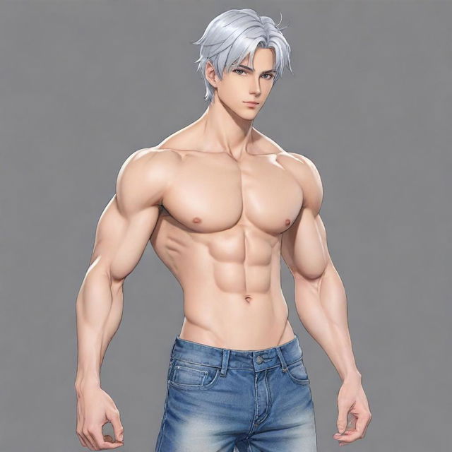 Create a 2D, full-body anime-style drawing of a male lead character from a transmigration novel. Sketch a tall, muscular figure with a slim waist, broad shoulders, six-pack abs, and a small feminine face reminiscent of a K-pop idol. The character has short, silver hair and cat-like silver eyes, a well-defined jawline, and is dressed in a fitted suit with a long coat. Surround him with an aura that blends cold detachment with underlying kindness.