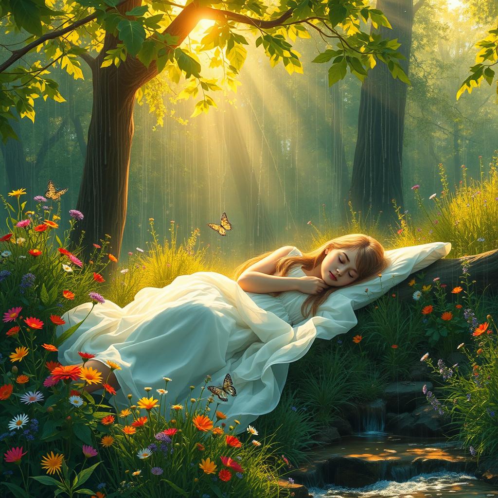 A serene and peaceful scene of a young woman sleeping in a lush, vibrant forest, surrounded by colorful wildflowers and soft rain falling gently around her