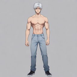 Create a 2D, full-body anime-style drawing of a male lead character from a transmigration novel. Sketch a tall, muscular figure with a slim waist, broad shoulders, six-pack abs, and a small feminine face reminiscent of a K-pop idol. The character has short, silver hair and cat-like silver eyes, a well-defined jawline, and is dressed in a fitted suit with a long coat. Surround him with an aura that blends cold detachment with underlying kindness.