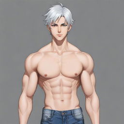 Create a 2D, full-body anime-style drawing of a male lead character from a transmigration novel. Sketch a tall, muscular figure with a slim waist, broad shoulders, six-pack abs, and a small feminine face reminiscent of a K-pop idol. The character has short, silver hair and cat-like silver eyes, a well-defined jawline, and is dressed in a fitted suit with a long coat. Surround him with an aura that blends cold detachment with underlying kindness.