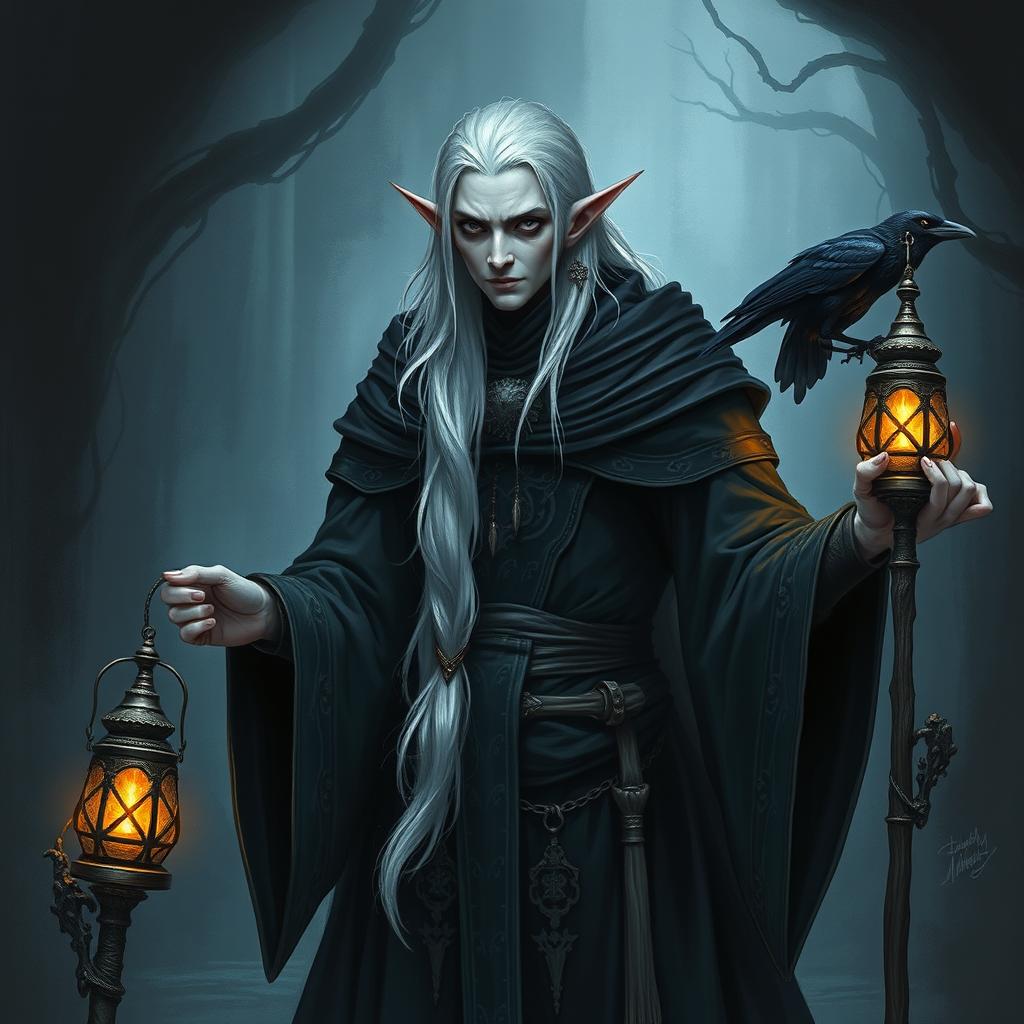 A Shadar-kai character from Dungeons & Dragons, depicted in a gloomy and eerie atmosphere