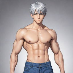 Create a 2D, full-body anime-style drawing of a male lead character from a transmigration novel. Sketch a tall, muscular figure with a slim waist, broad shoulders, six-pack abs, and a small feminine face reminiscent of a K-pop idol. The character has short, silver hair and cat-like silver eyes, a well-defined jawline, and is dressed in a fitted suit with a long coat. Surround him with an aura that blends cold detachment with underlying kindness.