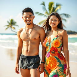 A handsome young Indonesian man of Central Asian descent, standing confidently on a sunny beach, wearing stylish swimwear