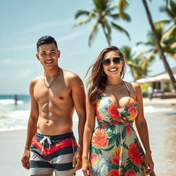 A handsome young Indonesian man of Central Asian descent, standing confidently on a sunny beach, wearing stylish swimwear