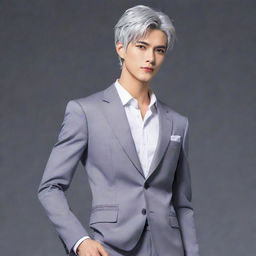 Anime style male lead from a transmigration novel. He has short silver hair, cat-like silver eyes, a huge body, slim waist, broad shoulders, a well-defined jaw, six-pack abs. His face resembles a feminine Kpop idol. His full-body posture suggests a cold yet kindly aura. He's tall and dressed in a fitted suit with a long coat.