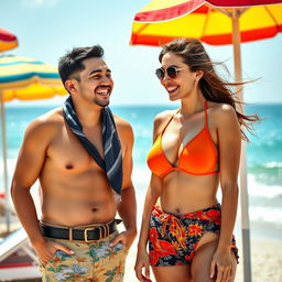 A handsome young Indonesian man of Central Asian descent, with a humorous and knowledgeable demeanor, sharing a laugh with a beautiful woman of English and European descent, who has large breasts and a captivating charm