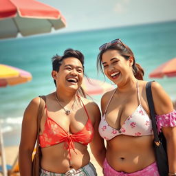 A handsome young Indonesian man of Central Asian descent, with a humorous and knowledgeable demeanor, sharing a laugh with a beautiful woman of English and European descent, who has large breasts and a captivating charm